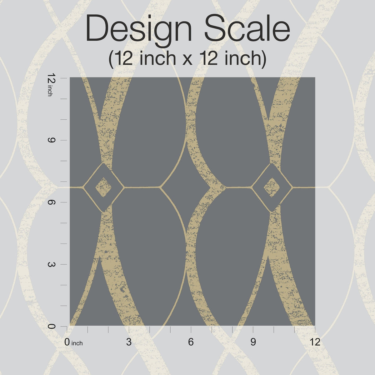A 12 inch by 12 inch square sample of York Wallcoverings’ Graceful Geo Wallpaper showcases a geometric gold pattern on a gray background, displayed in front of a larger version of the same design. A scale on the left and bottom edges marks every 12 inches, with text above reading “Design Scale (12 inch x 12 inch).”.