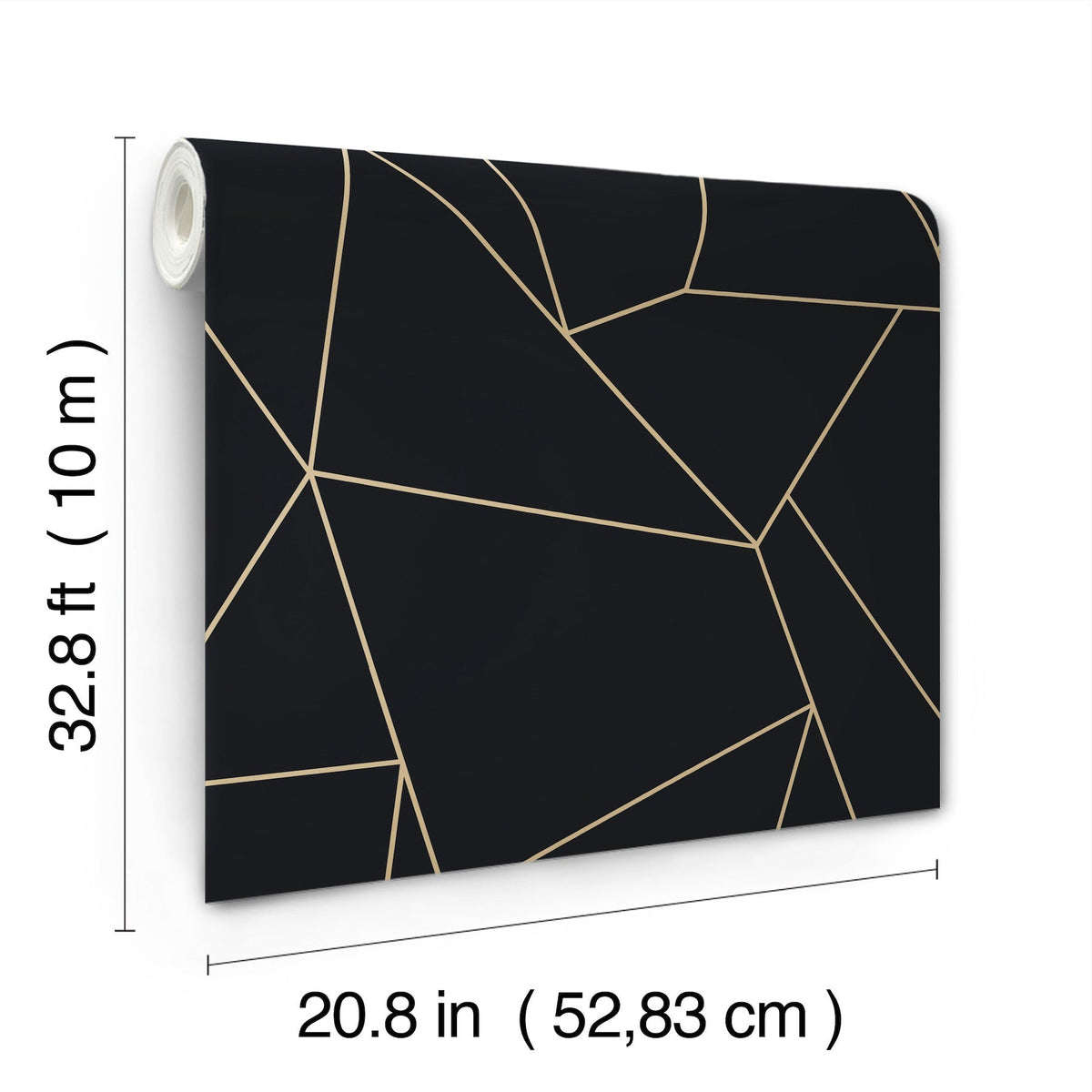 Transforming your sentence using the provided product data: The Nazca Wallpaper by York Wallcoverings is a roll of black wallpaper featuring thin gold geometric lines. Each roll measures 32.8 ft (10 m) in height and 20.8 in (52.83 cm) in width.