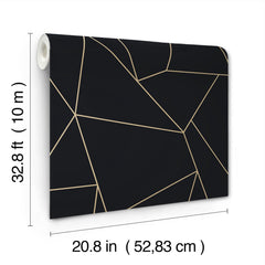 Transforming your sentence using the provided product data: The Nazca Wallpaper by York Wallcoverings is a roll of black wallpaper featuring thin gold geometric lines. Each roll measures 32.8 ft (10 m) in height and 20.8 in (52.83 cm) in width.