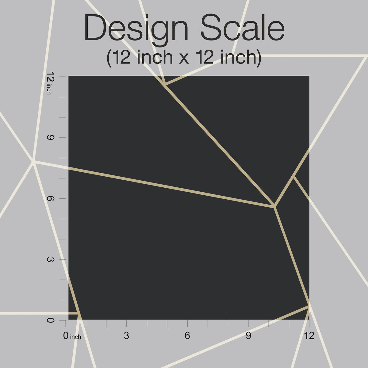A black 12x12 inch square with subtle line patterns, labeled “Nazca Wallpaper by York Wallcoverings (12 inch x 12 inch)” on a gray background. Rulers with inch markings are displayed along the left and bottom edges.
