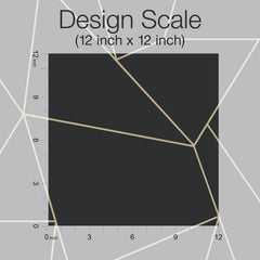 A black 12x12 inch square is centered on a gray background with intersecting light lines. Rulers with inch markings run along the left and bottom edges. Text above reads: “Nazca Wallpaper by York Wallcoverings - Design Scale (12 inch x 12 inch).”.
