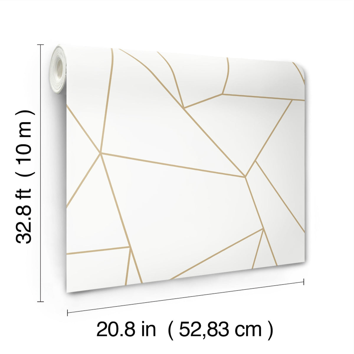 A partially unrolled roll of Nazca Wallpaper by York Wallcoverings, featuring thin gold geometric lines on a white background. The wallpaper measures 32.8 ft (10 m) in length and 20.8 in (52.83 cm) in width, and is displayed against a white background.