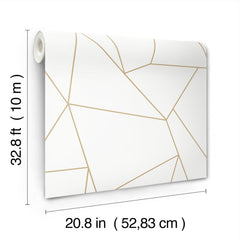A partially unrolled roll of Nazca Wallpaper by York Wallcoverings, featuring thin gold geometric lines on a white background. The wallpaper measures 32.8 ft (10 m) in length and 20.8 in (52.83 cm) in width, and is displayed against a white background.