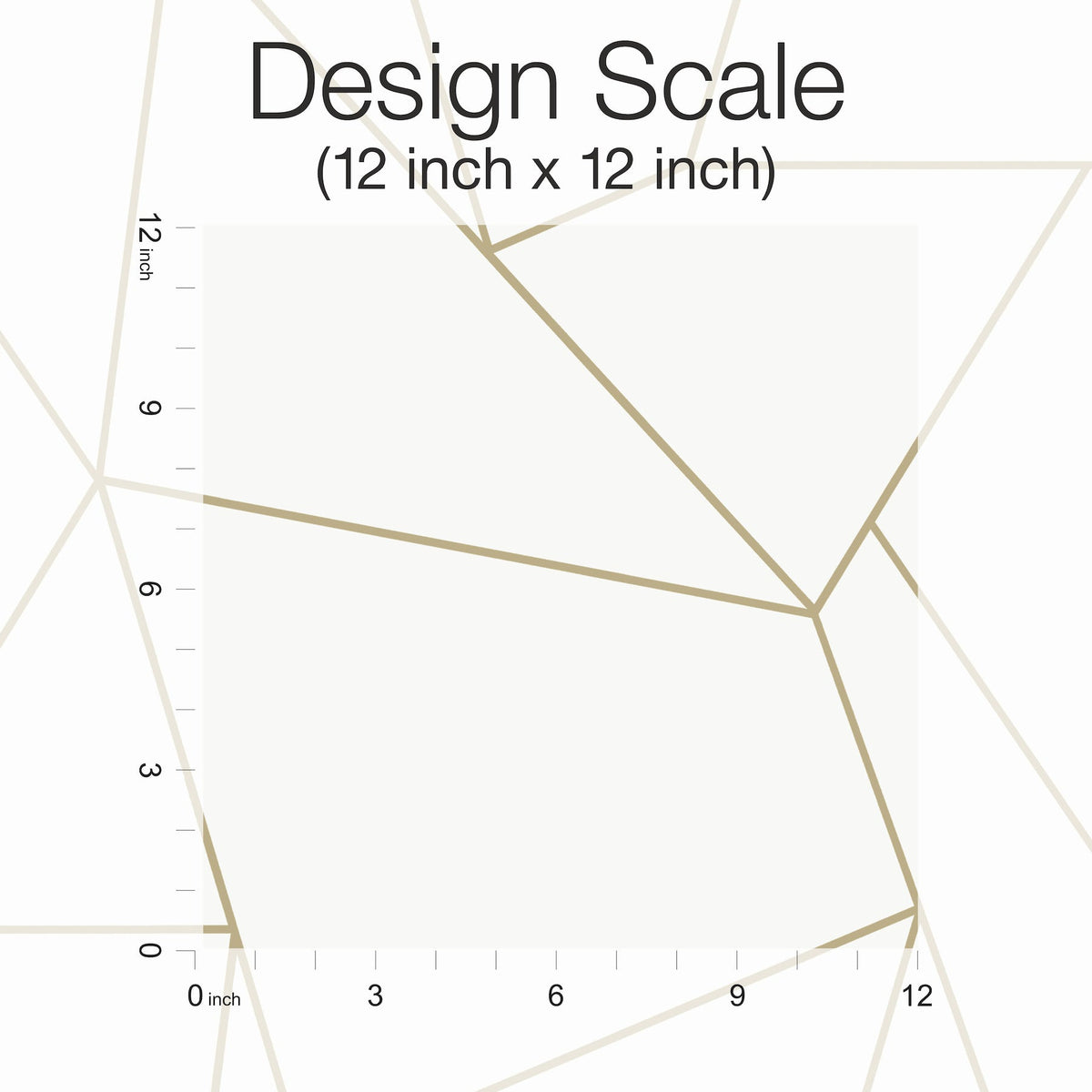 A 12x12 inch Nazca Wallpaper design scale chart by York Wallcoverings, featuring numbered inch markings and abstract beige lines crossing a white square background. Text at the top reads “Design Scale (12 inch x 12 inch)”.