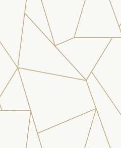 Nazca Wallpaper by York Wallcoverings features an abstract geometric pattern of irregular, interconnected polygons outlined in light brown against a white background, evoking the look of a mosaic or stained glass window with varying shapes and angles.