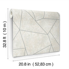 The Nazca Wallpaper by York Wallcoverings is a roll of beige wallpaper featuring a geometric pattern with intersecting thin gray lines. Each roll measures 32.8 ft (10 m) in length and 20.8 in (52.83 cm) in width.