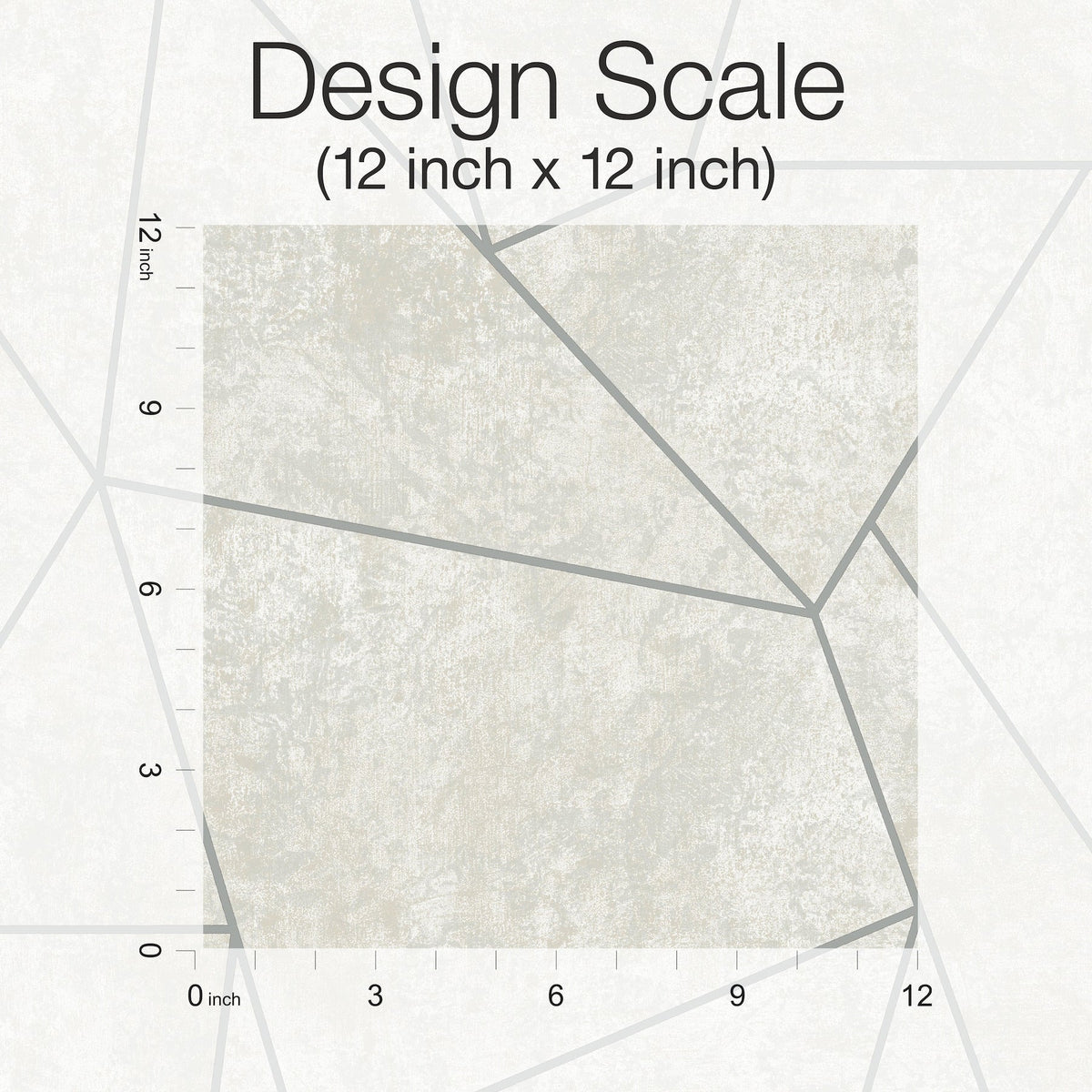 The Nazca Wallpaper by York Wallcoverings is displayed in a 12 inch by 12 inch square sample, featuring intersecting gray lines on a light textured background. A ruler along the left and bottom edges in inches provides scale.