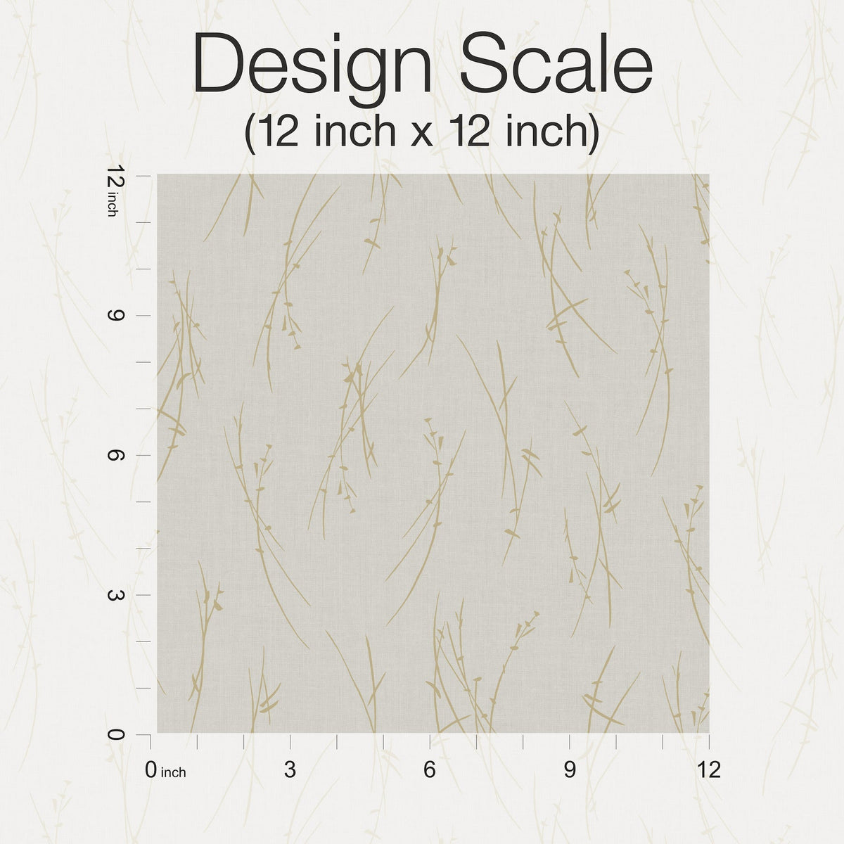 Sample of Sprigs Wallpaper by York Wallcoverings shown as a 12x12 inch square, featuring a pale background with delicate tan botanical lines. Grid and rulers along the left and bottom edges indicate scale, with “Design Scale (12 inch x 12 inch)” labeled at the top.