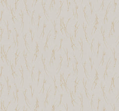 Sprigs Wallpaper by York Wallcoverings features a beige background adorned with a repeating pattern of thin, light brown abstract plant stems and leaves, offering a subtle, minimalist, and organic design.