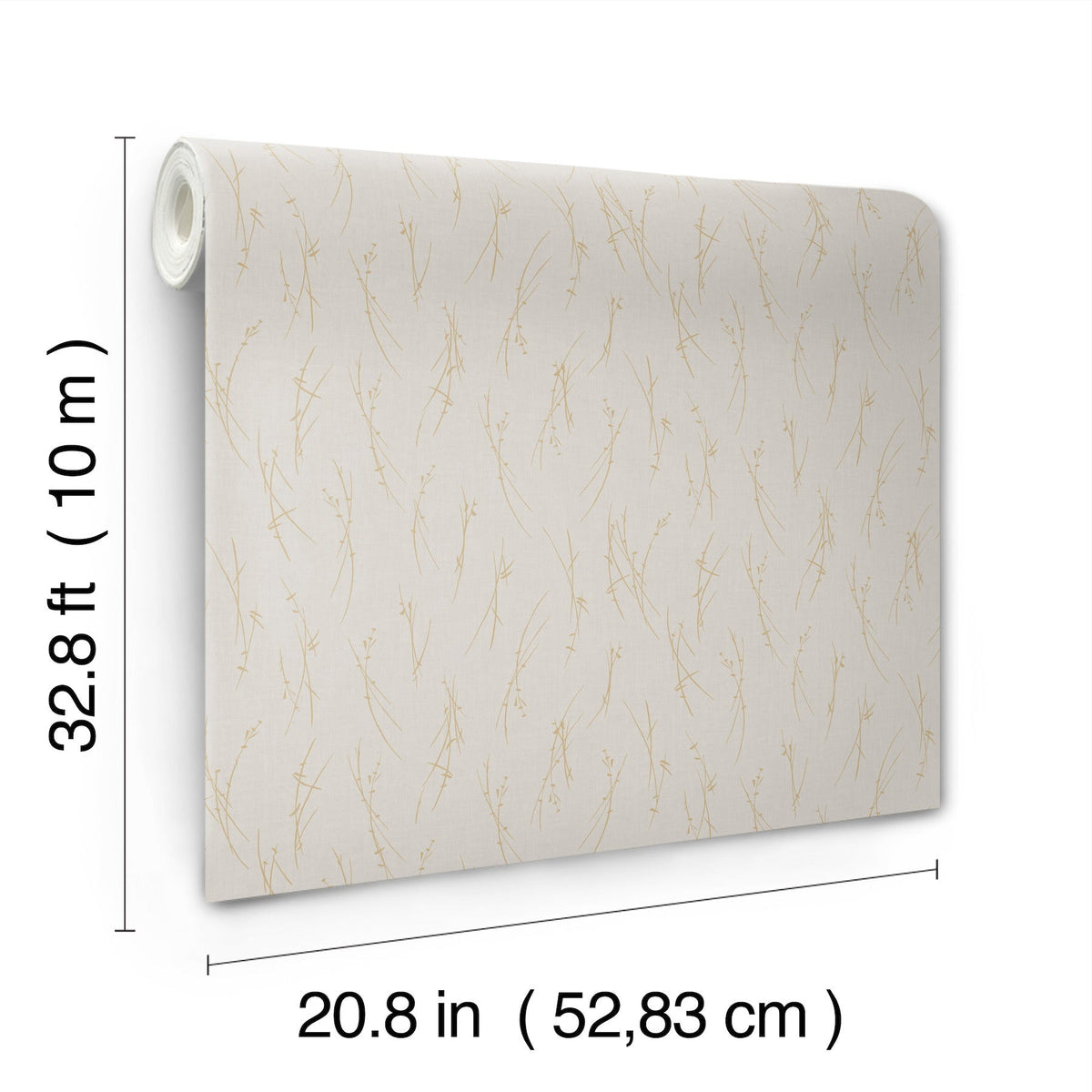 Sprigs Wallpaper by York Wallcoverings features a subtle beige pattern. Each roll measures 32.8 ft (10 m) in length and 20.8 in (52.83 cm) in width, with measurement labels shown.