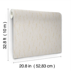 Sprigs Wallpaper by York Wallcoverings features a subtle beige pattern. Each roll measures 32.8 ft (10 m) in length and 20.8 in (52.83 cm) in width, with measurement labels shown.