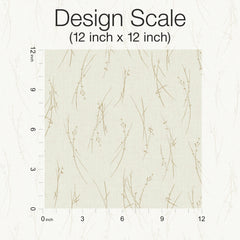 A 12x12 inch square sample of York Wallcoverings’ Sprigs Wallpaper displays a beige background adorned with a delicate, sparse brown twig pattern. Vertical and horizontal rulers line the edges to illustrate scale, accompanied by the text “Design Scale (12 inch x 12 inch).”.