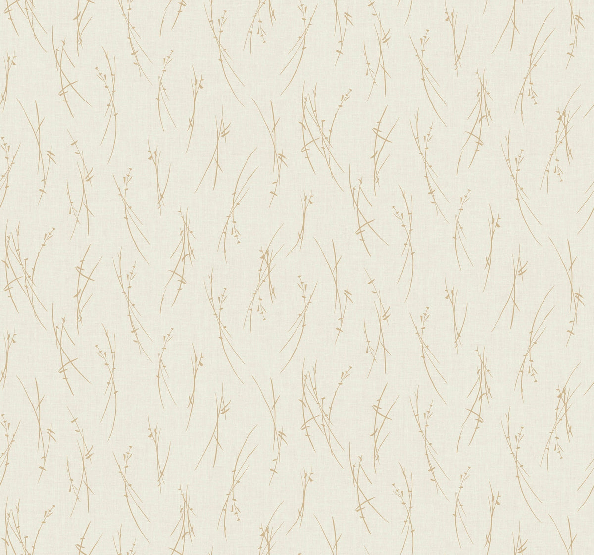 Sprigs Wallpaper by York Wallcoverings features a beige background adorned with a delicate, minimalist floral design of fine gold-brown botanical lines and small plant shapes.