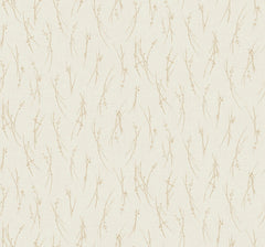 Sprigs Wallpaper by York Wallcoverings features a beige background adorned with a delicate, minimalist floral design of fine gold-brown botanical lines and small plant shapes.