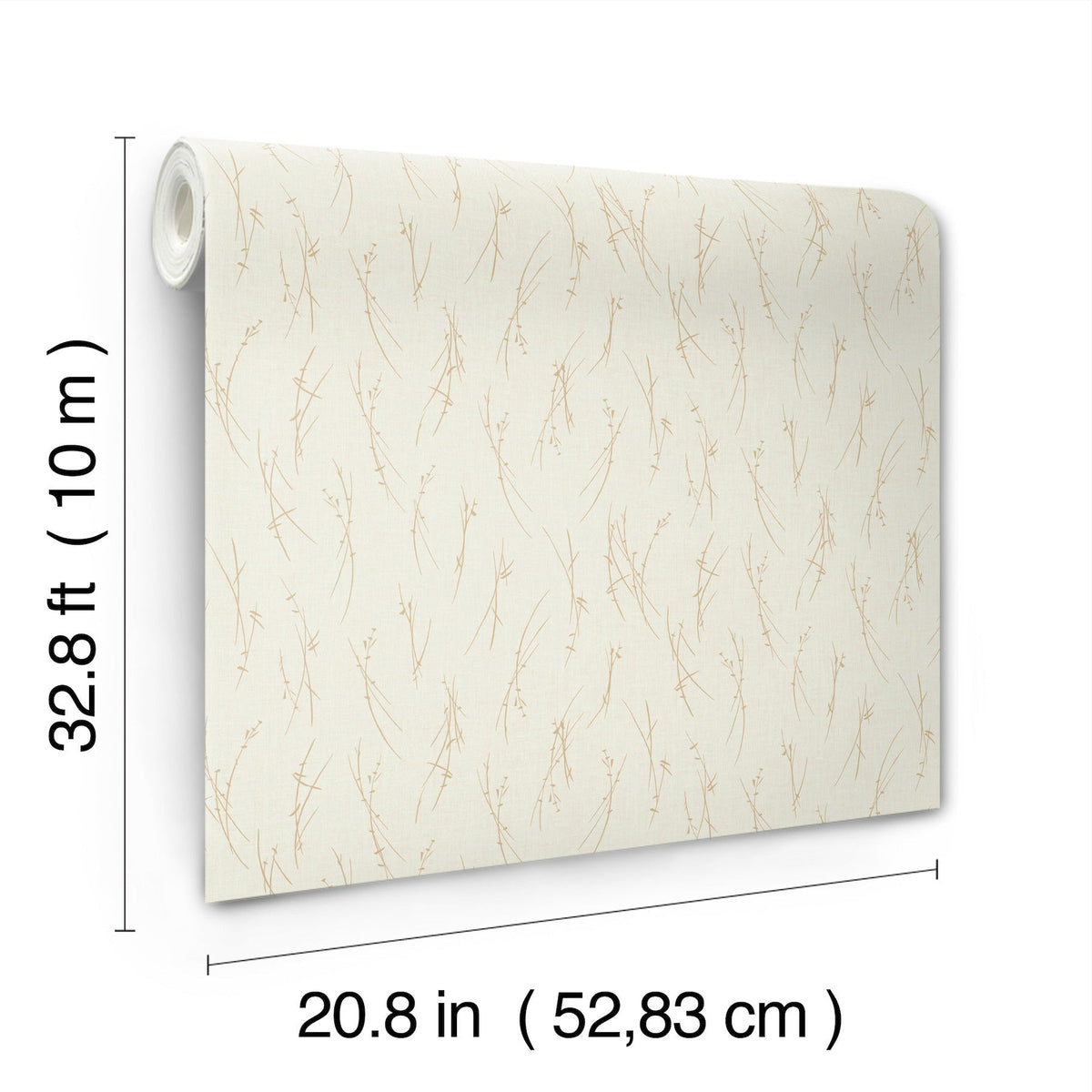 The Sprigs Wallpaper by York Wallcoverings is displayed, featuring a subtle beige botanical pattern and measuring 32.8 ft (10 m) in length and 20.8 in (52.83 cm) in width.
