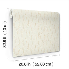 The Sprigs Wallpaper by York Wallcoverings is displayed, featuring a subtle beige botanical pattern and measuring 32.8 ft (10 m) in length and 20.8 in (52.83 cm) in width.