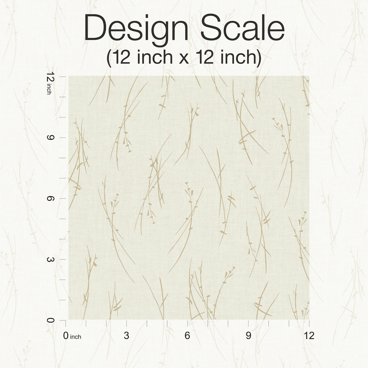 A 12x12 inch square sample of York Wallcoverings’ Sprigs Wallpaper features a pale beige background with a delicate pattern of thin, tan grass-like lines, and is framed on the top and left sides by measurement markings.