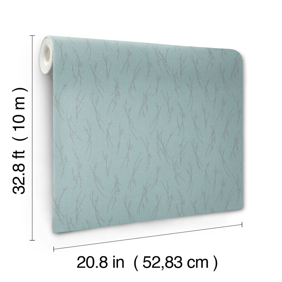 A roll of Sprigs Wallpaper by York Wallcoverings featuring a subtle branch pattern on a light blue background. The wallpaper measures 32.8 ft (10 m) in length and 20.8 in (52.83 cm) in width, as indicated by labels and measurement lines.