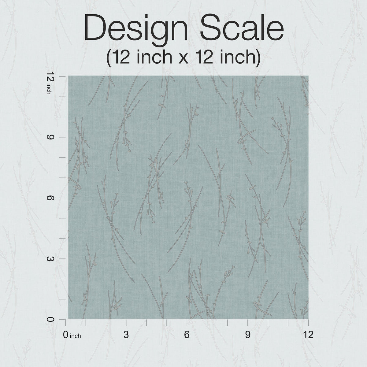 A 12x12 inch square swatch of the Sprigs Wallpaper by York Wallcoverings, featuring a light blue-green background with thin, overlapping brown botanical line drawings, is shown with a ruler scale along the top and left side.