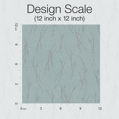 A sample of Sprigs Wallpaper by York Wallcoverings, featuring a 12x12 inch square with a pale blue background and delicate brown botanical line motifs, displayed against a ruler grid for reference.