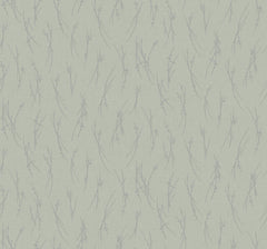 Sprigs Wallpaper by York Wallcoverings features a light green background adorned with a repeating pattern of thin, delicate gray branches, offering a subtle, minimalist, nature-inspired design.