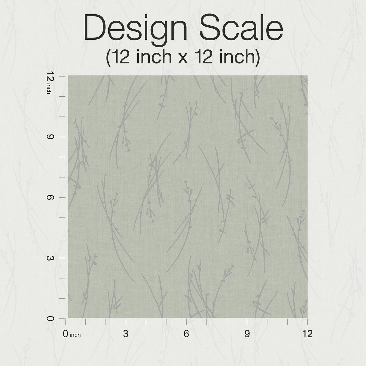 A 12 inch by 12 inch sample of York Wallcoverings’ Sprigs Wallpaper, featuring a subtle branch pattern in gray on a light background, is displayed with inch markers along the left and bottom edges.