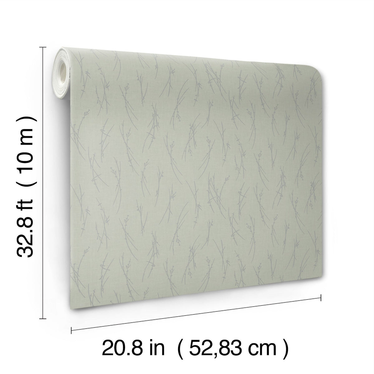 The York Wallcoverings Sprigs Wallpaper features a subtle branch pattern and comes in a roll measuring 32.8 ft (10 m) long by 20.8 in (52.83 cm) wide.