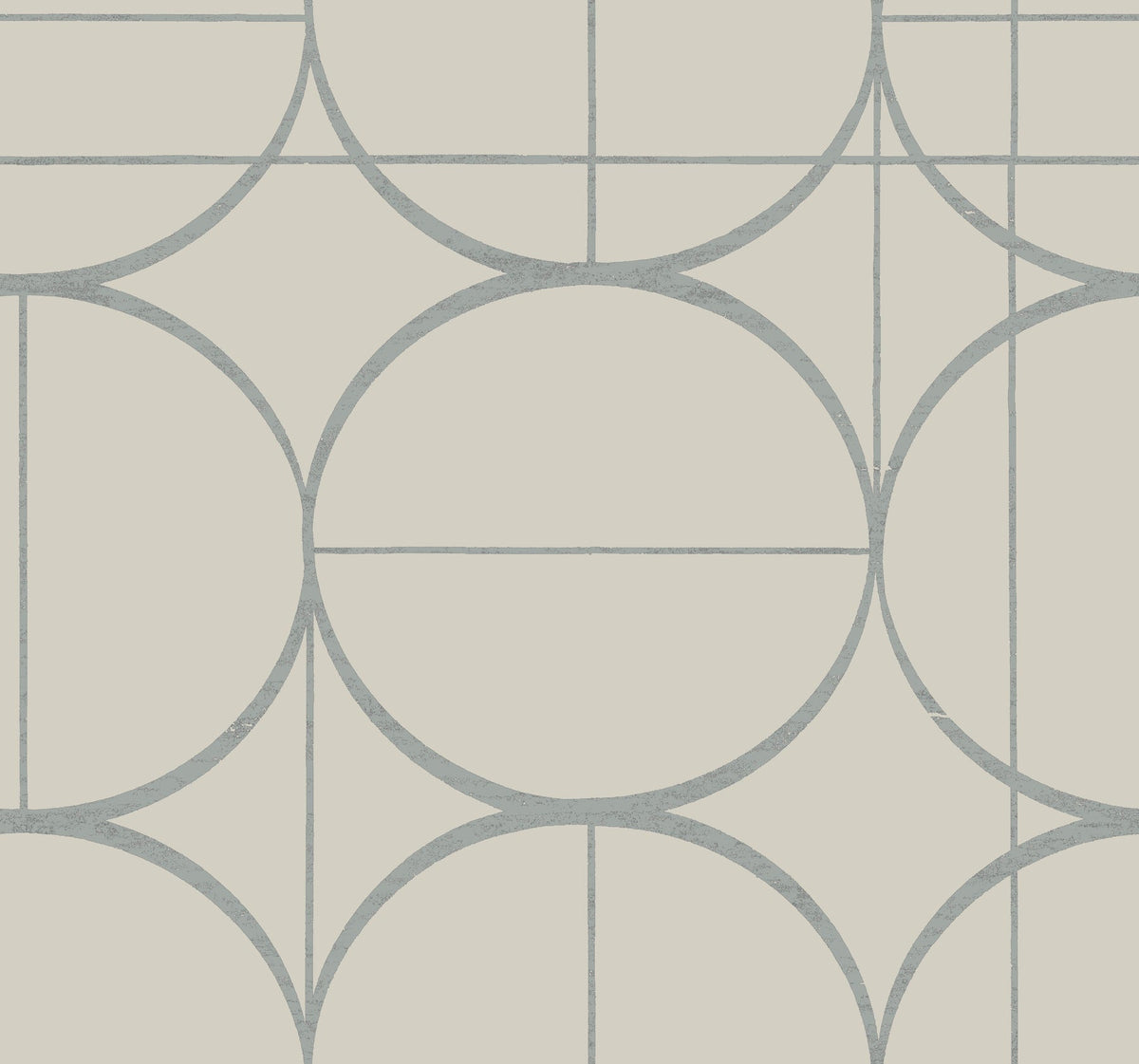The Sun Circles Wallpaper by York Wallcoverings features a modern, abstract design with intersecting circles and straight lines in light gray on an off-white background.
