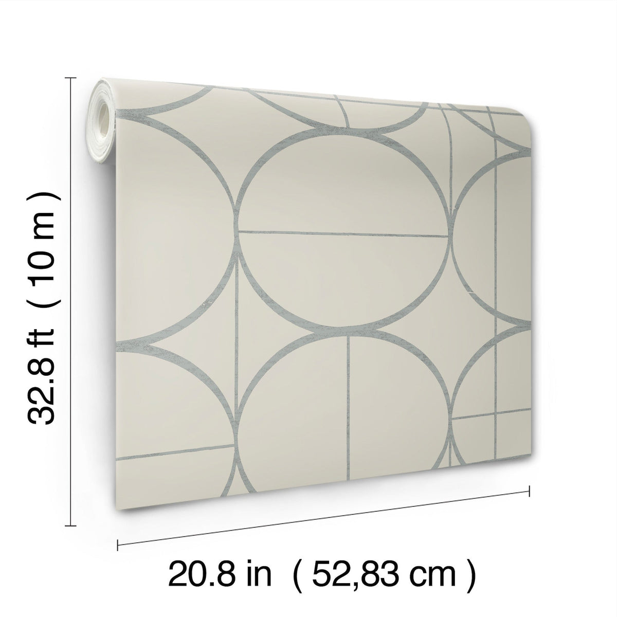 The Sun Circles Wallpaper by York Wallcoverings features a gray geometric circle pattern and comes in a roll measuring 32.8 ft (10 m) long and 20.8 in (52.83 cm) wide.