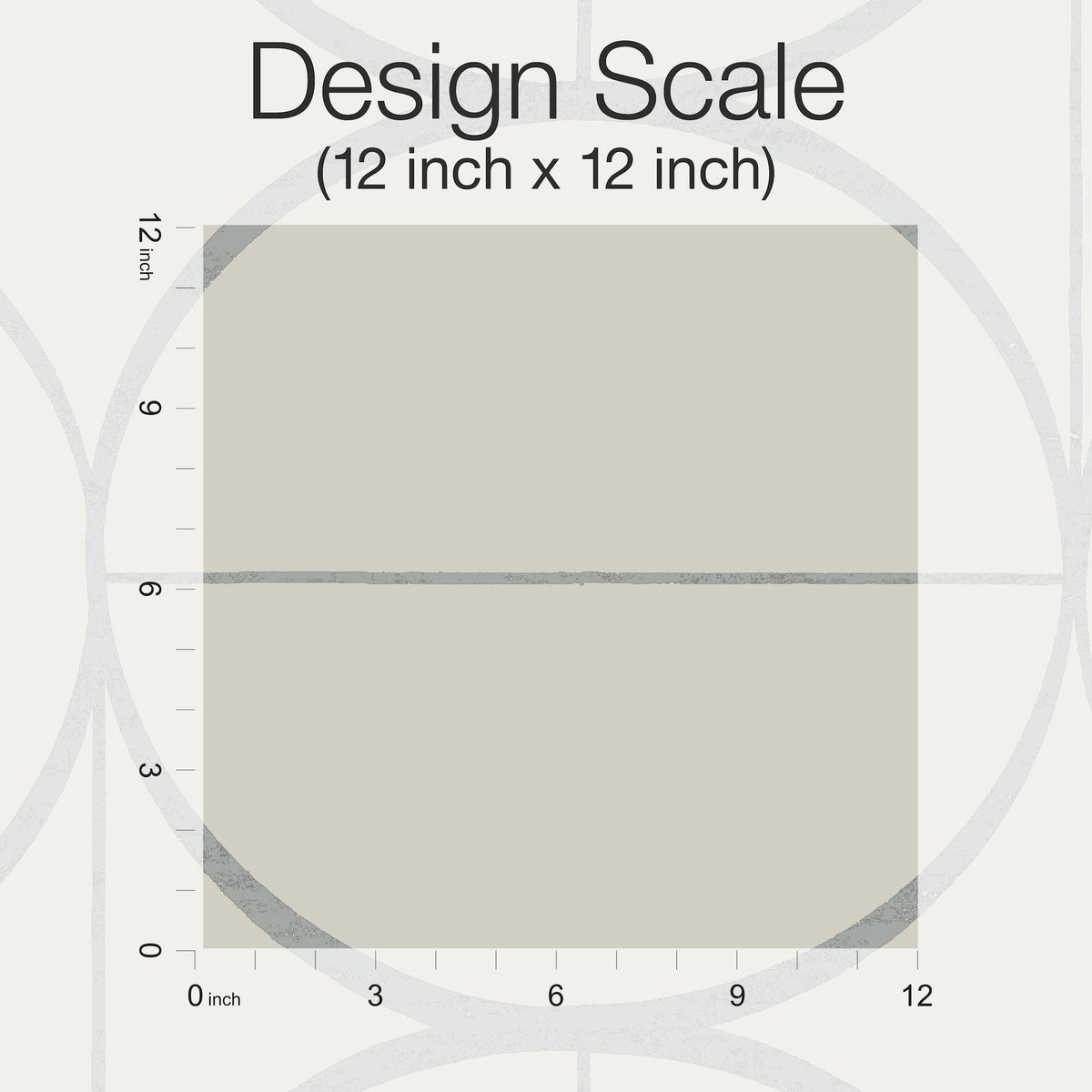 A square grid labeled “Design Scale” (12 inch x 12 inch) with inch markings along the left and bottom edges, highlighting a 12x12 inch area for the Sun Circles Wallpaper by York Wallcoverings.