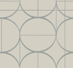 Sun Circles Wallpaper by York Wallcoverings features a modern geometric design with large overlapping circles and straight lines in light gray on a cream background.