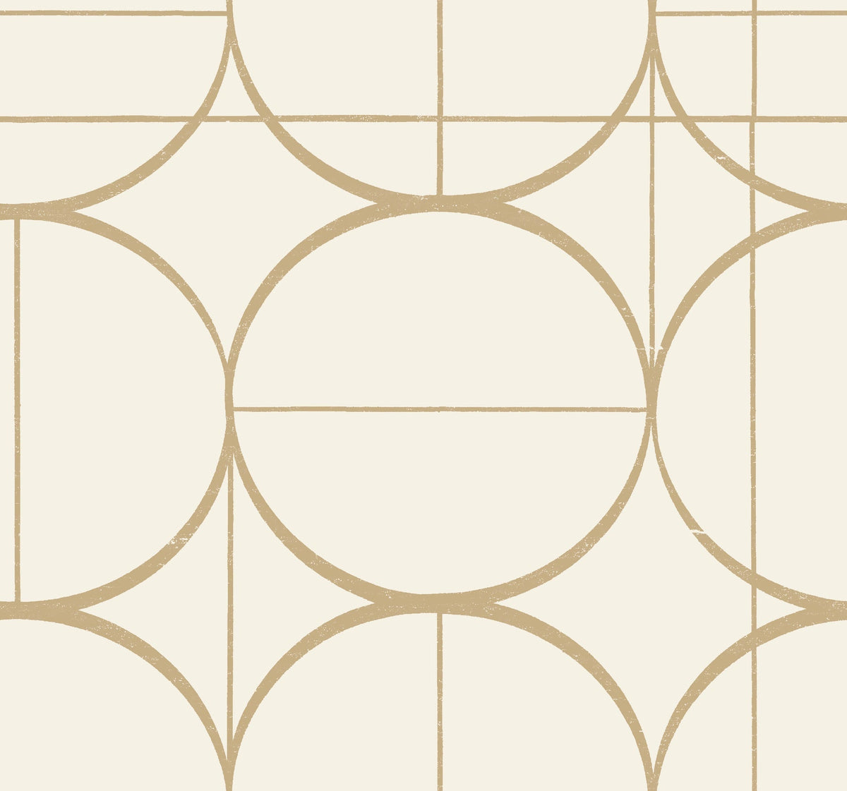 Introducing the Sun Circles Wallpaper by York Wallcoverings, featuring a symmetrical, abstract design of overlapping circles and straight lines in a beige geometric pattern on a cream background.