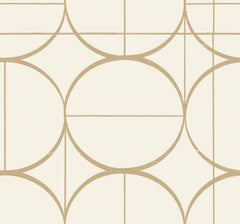 Introducing the Sun Circles Wallpaper by York Wallcoverings, featuring a symmetrical, abstract design of overlapping circles and straight lines in a beige geometric pattern on a cream background.