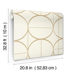 The Sun Circles Wallpaper by York Wallcoverings features a geometric gold circle pattern and comes in a roll measuring 32.8 ft (10 m) long and 20.8 in (52.83 cm) wide.