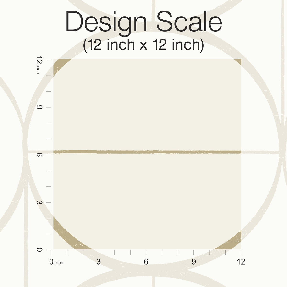 A square grid labeled “Design Scale” (12 in x 12 in) with inch markings along the left and bottom edges, illustrating a 12 by 12 inch area for the Sun Circles Wallpaper by York Wallcoverings.