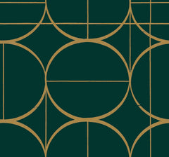 The Sun Circles Wallpaper by York Wallcoverings features a modern, abstract design with gold circles and straight lines intersecting in a repeating geometric pattern on a dark green background.