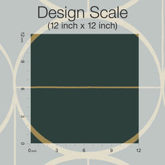 A square labeled “Sun Circles Wallpaper” by York Wallcoverings (12 inch x 12 inch) on a gray background with gold lines and circles, outlined with rulers along the top and left sides marked from 0 to 12 inches.
