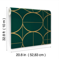 The Sun Circles Wallpaper by York Wallcoverings features a dark green background with gold geometric circles and line patterns. Each roll measures 32.8 ft (10 m) in length and 20.8 in (52.83 cm) in width.