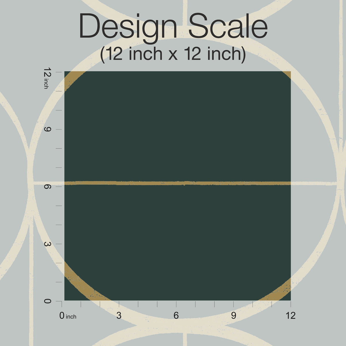 A 12 inch by 12 inch dark green square, representing the Design Scale, is displayed on a gray background with gold and white circular patterns from York Wallcoverings’ Sun Circles Wallpaper, with rulers positioned along the left and bottom edges.