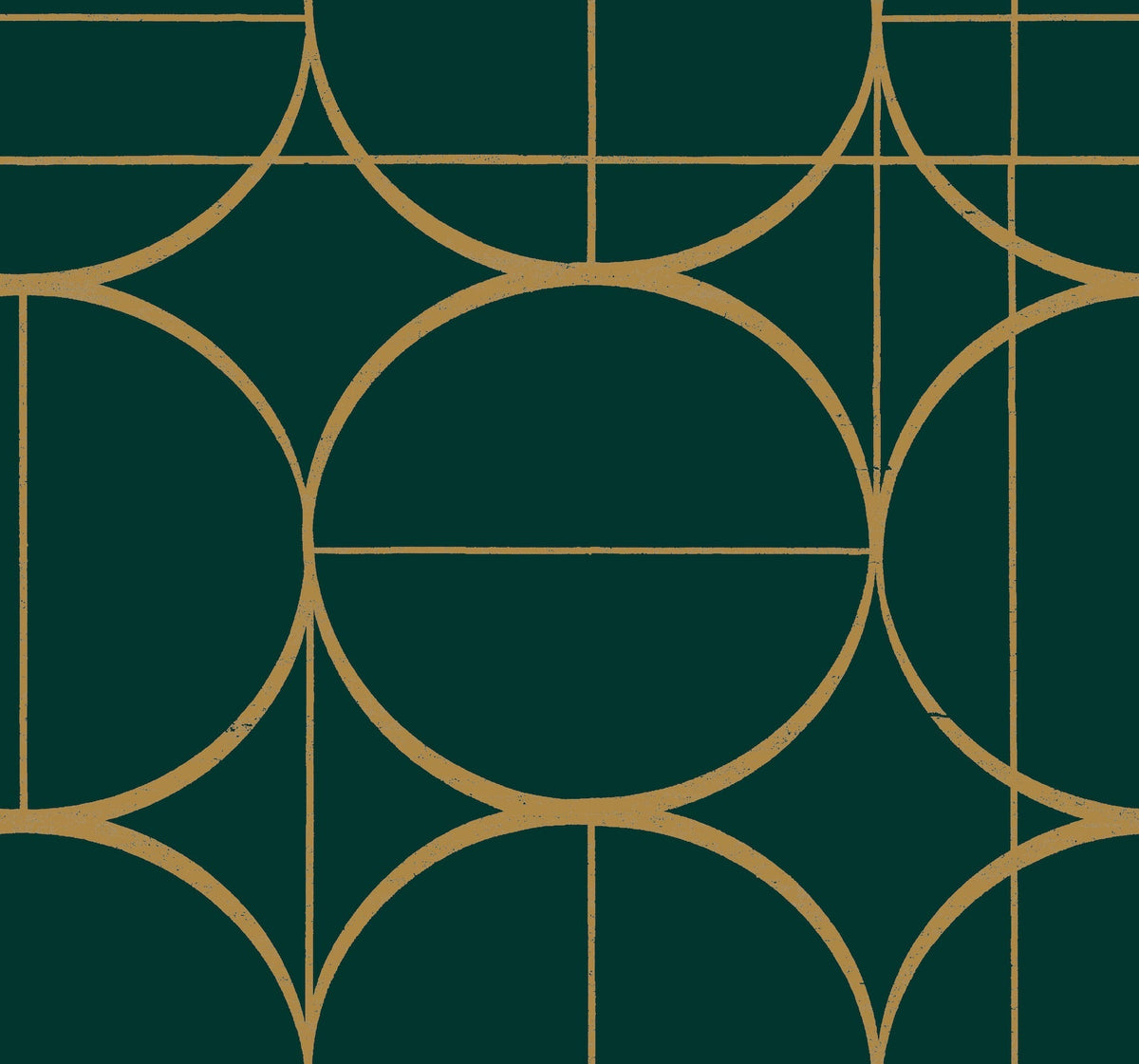 The Sun Circles Wallpaper by York Wallcoverings features a visually intricate and symmetrical geometric pattern of overlapping gold circles and straight lines on a dark green background, creating a modern design.