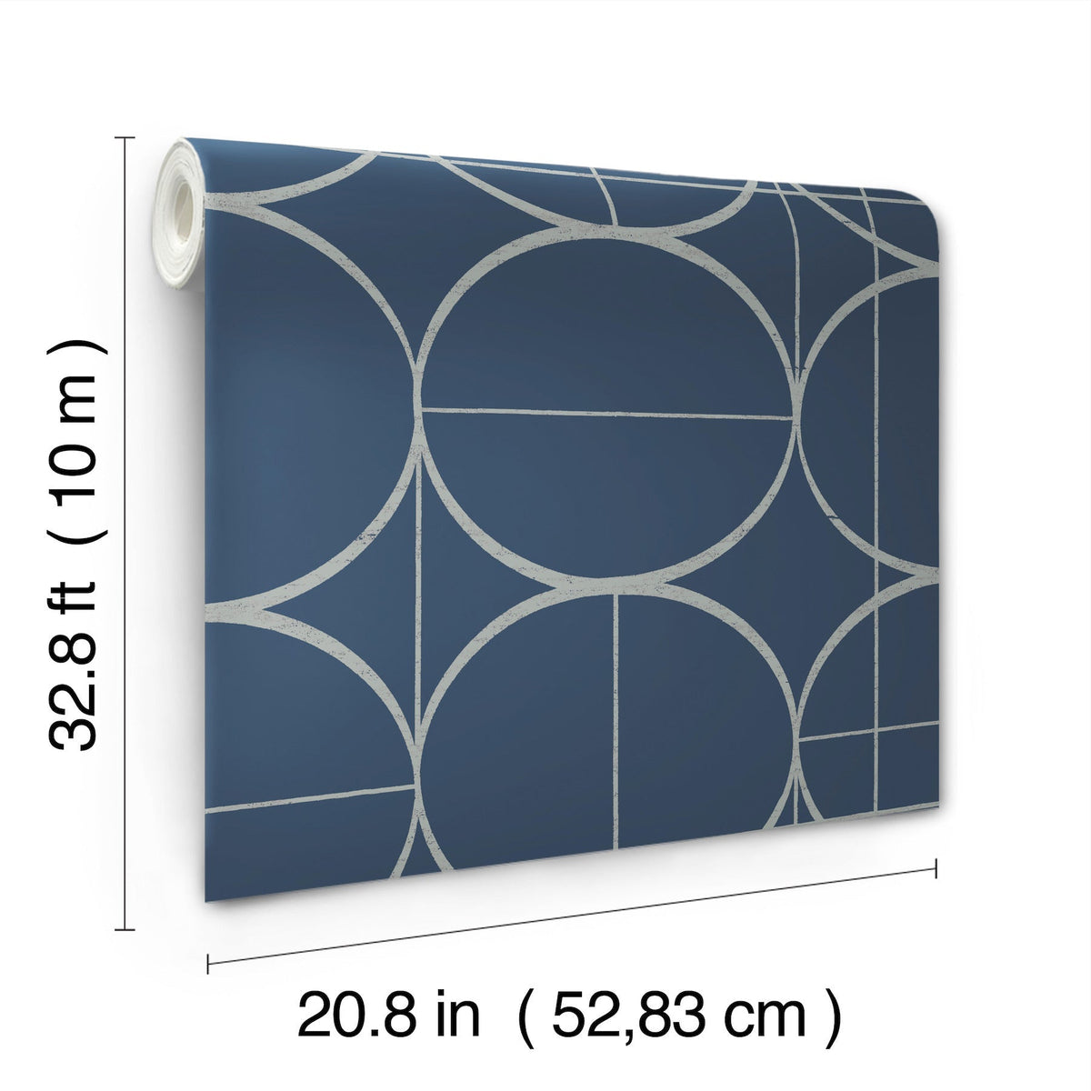 The Sun Circles Wallpaper by York Wallcoverings features a blue background with silver geometric circles and lines, and comes in a roll measuring 32.8 feet (10 meters) long by 20.8 inches (52.83 cm) wide.