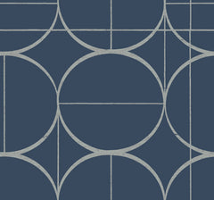 The Sun Circles Wallpaper by York Wallcoverings features a navy blue background adorned with intersecting white circles and straight lines, forming geometric shapes in a modern, symmetrical design.