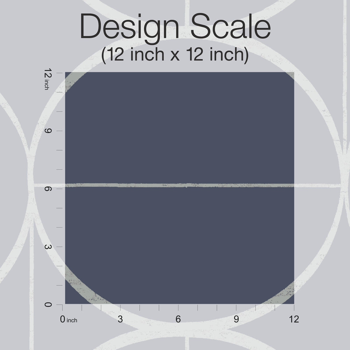 A 12 inch by 12 inch dark blue square, labeled with inch markings along the top and left sides, sits on a background featuring circles and grids from the Sun Circles Wallpaper by York Wallcoverings. Above the square, text reads “Design Scale (12 inch x 12 inch).”.
