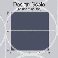 A 12 inch by 12 inch dark blue square, labeled with inch markings along the top and left sides, sits on a background featuring circles and grids from the Sun Circles Wallpaper by York Wallcoverings. Above the square, text reads “Design Scale (12 inch x 12 inch).”.