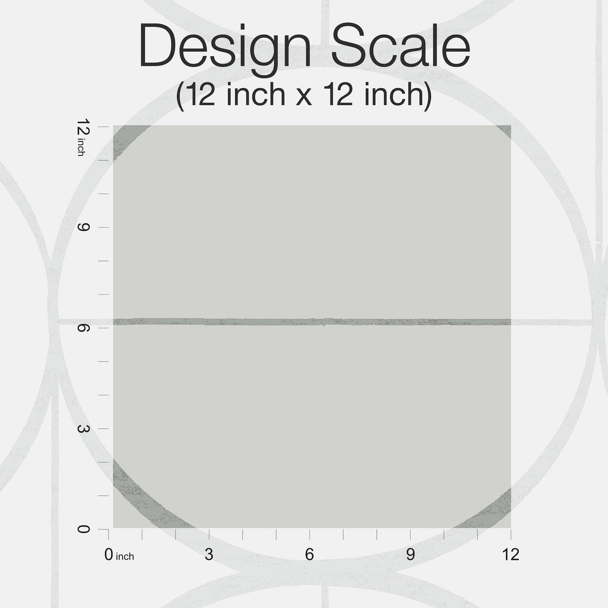 A 12 inch by 12 inch gray square labeled with rulers along the left and bottom edges, titled “Sun Circles Wallpaper (Design Scale: 12 inch x 12 inch)” by York Wallcoverings, displayed on a light background featuring faint circular patterns.