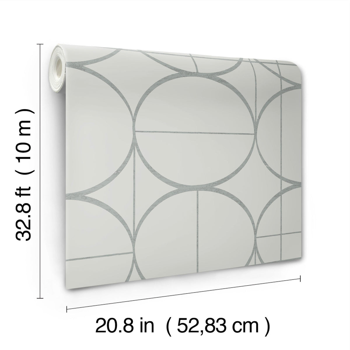 Sun Circles Wallpaper by York Wallcoverings features a geometric circle and line pattern. Each roll measures 32.8 feet (10 meters) in length and 20.8 inches (52.83 cm) in width, displayed against a plain white background.