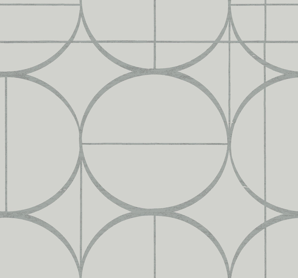 Sun Circles Wallpaper by York Wallcoverings features a minimalist and modern abstract design of large overlapping circles and straight lines in light gray on a white background.