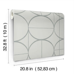 The Sun Circles Wallpaper by York Wallcoverings features a geometric circle pattern and comes in a roll measuring 32.8 ft (10 m) long and 20.8 in (52.83 cm) wide.