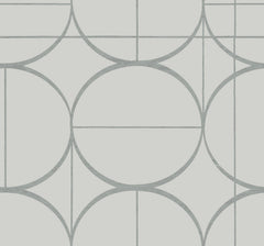 Introducing the Sun Circles Wallpaper by York Wallcoverings, featuring a modern, abstract design of overlapping gray circles and straight lines on a white background.