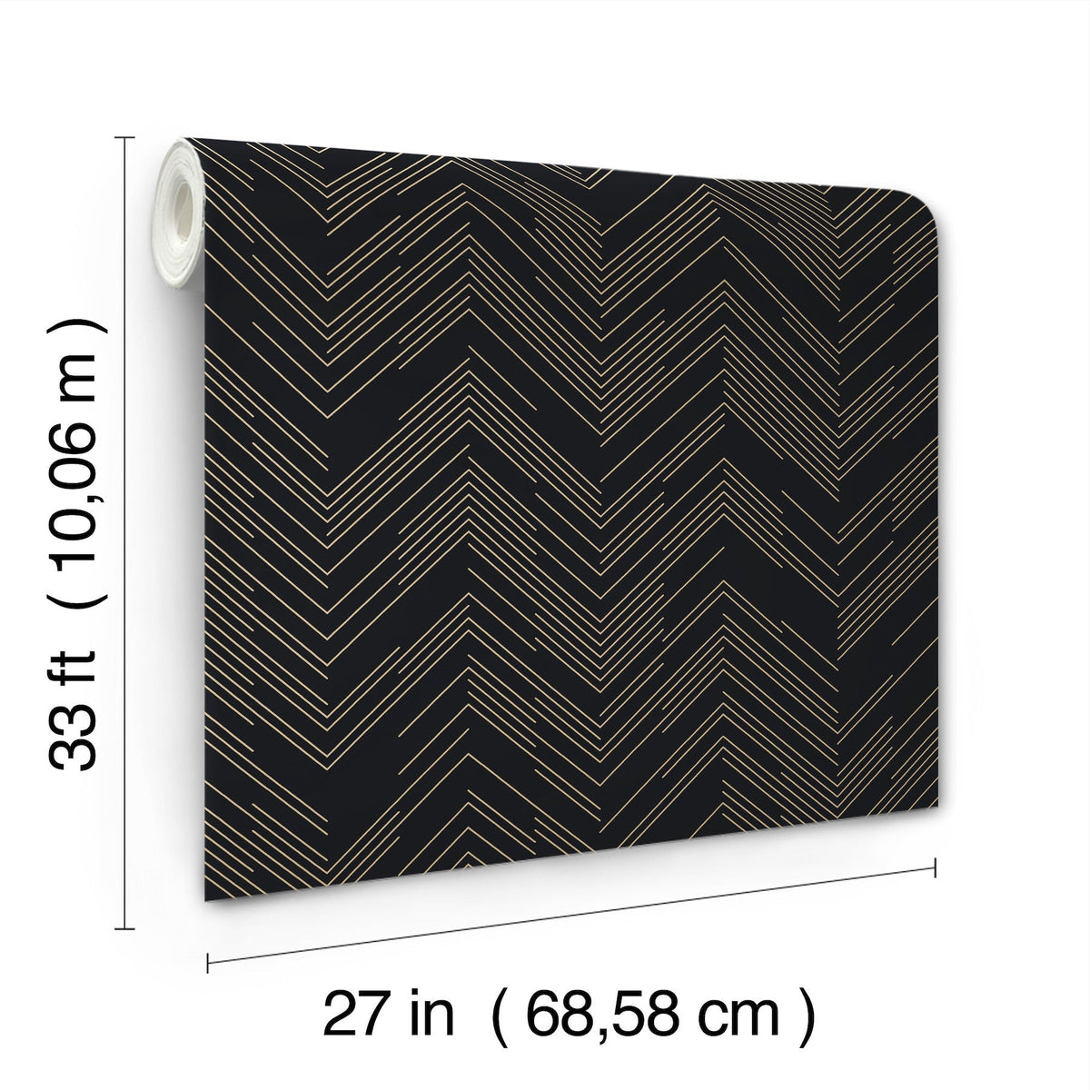 The Polished Chevron Wallpaper by York Wallcoverings is displayed with a black background and gold chevron lines. Each roll measures 33 feet (10.06 meters) in length and 27 inches (68.58 centimeters) in width.